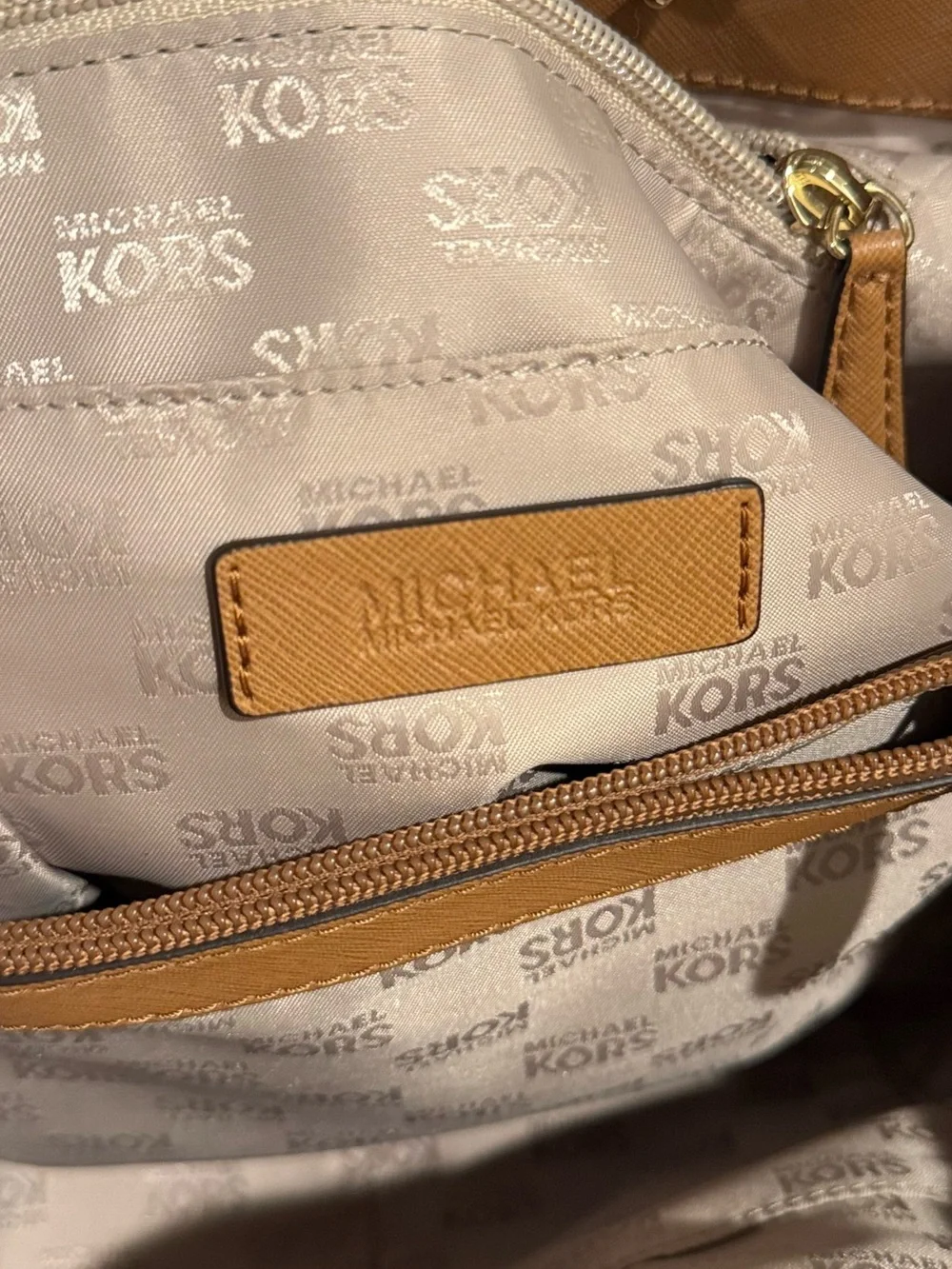 Michael Kors White/Brown Signature Costed Canvas and Leather Tote.